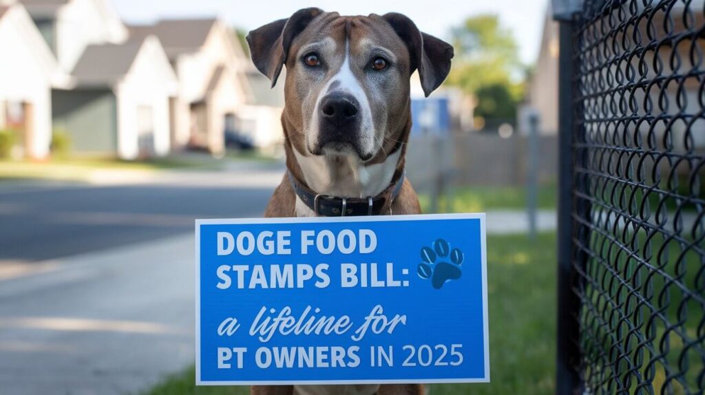 Illustration of happy dog with food bowl showing Doge Food Stamps Bill 2025 benefits for pet nutrition assistance