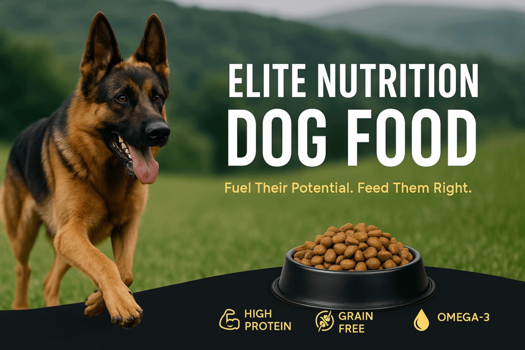 Energetic German Shepherd running outdoors next to a promotional display for Elite Nutrition Dog Food, featuring a dog bowl and nutrition icons.