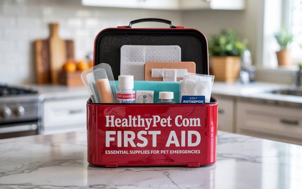Essential pet first aid supplies for emergencies from Healthypet.com, including a dog, bandages, and a first aid kit.