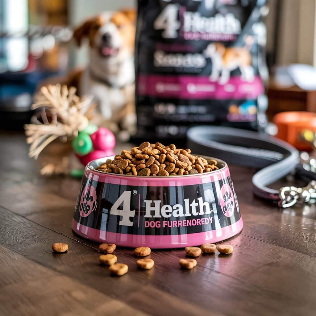 Energetic dog with a shiny coat playing outside after switching to 4 Health dog food