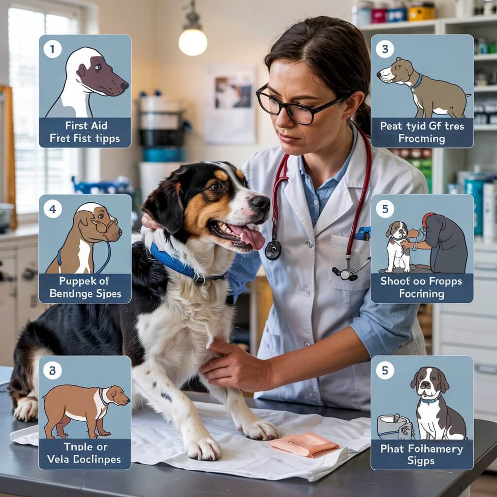 Illustration showing step-by-step pet first aid tips with icons of medical supplies and a dog.