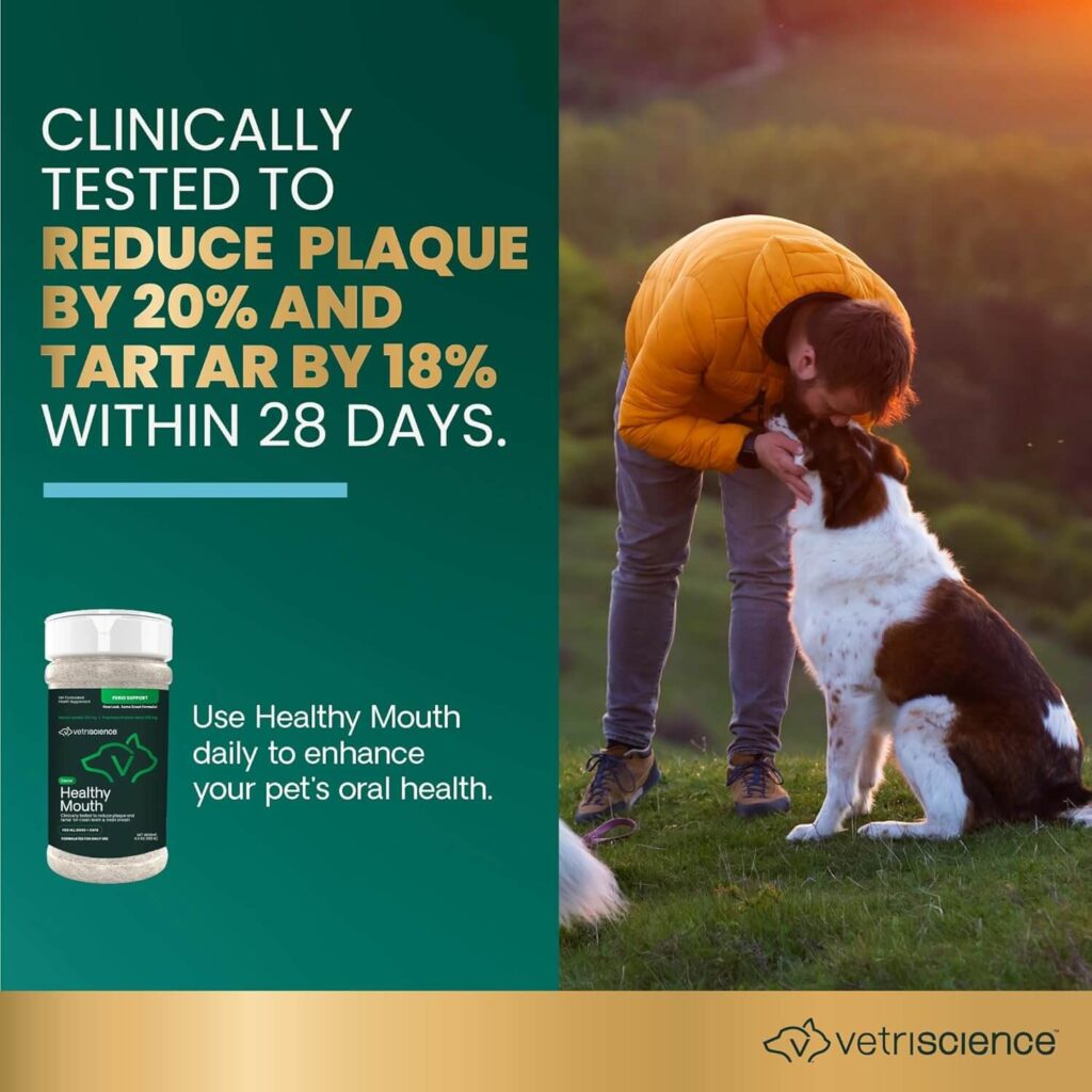 VetriScience Perio Support Pro pet dental supplement – clinically proven to reduce plaque by 20% and tartar by 18% in 28 days. Buy on Amazon for healthier pet teeth and fresher breath.